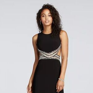 BLONDIE NITES black open back short prom dress with illusion beaded waist dance